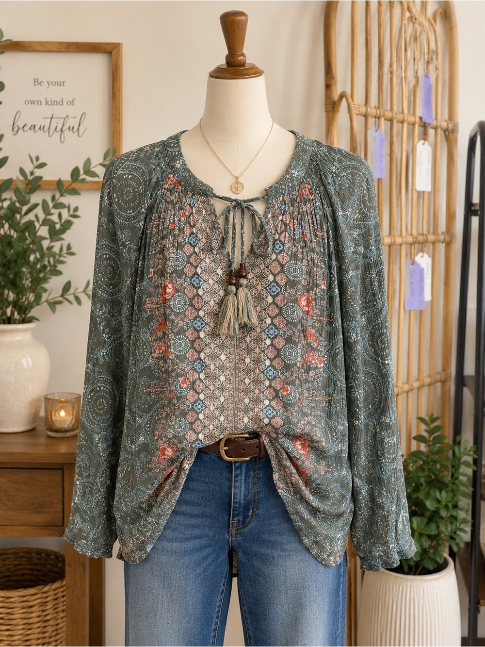 Mason & Belle Floral Boho Peasant Top Large – Long Sleeve Printed Tunic Blouse
